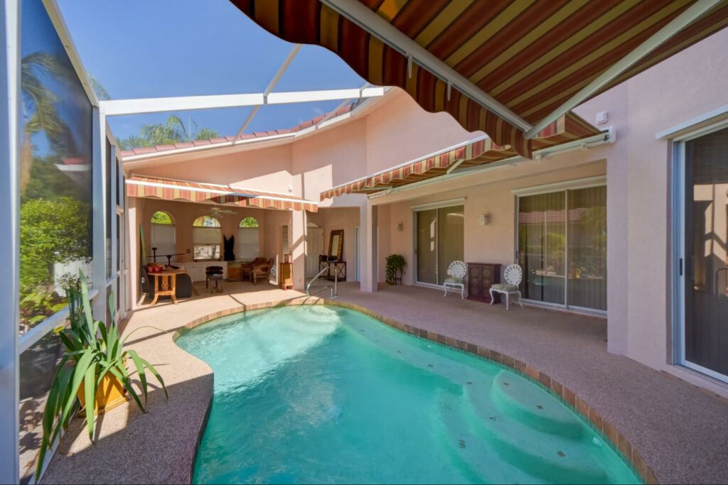 Patio with retractable awning, clean with garden hose and mild soap. Use a soft-bristled brush Tampa, Florida, retractable awning | Sun Protection