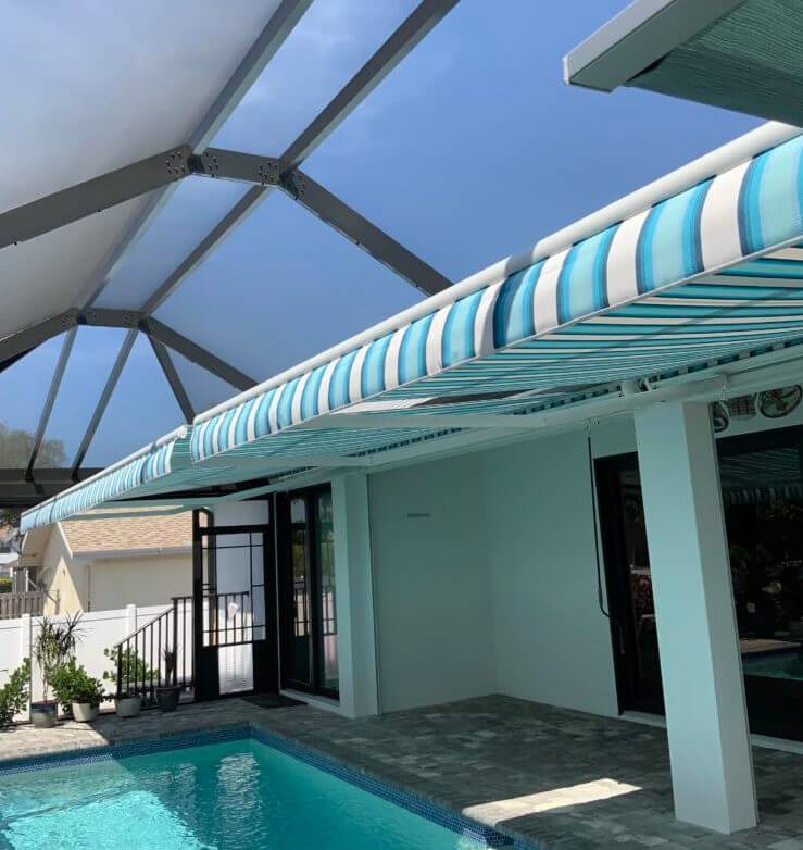 A pool at this South Florida home has instant privacy with multiple motorized awnings to provide maximum blockage of harmful UV rays. Sun Protection